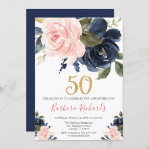 Blush pink and navy blue floral 50th birthday invitation