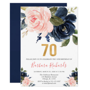 Blush pink and navy blue floral 70th birthday invitation
