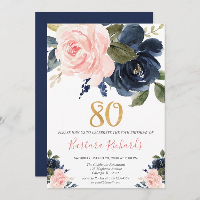 Blush pink and navy blue floral 80th birthday invitation (Front/Back)