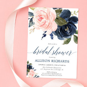 Blush pink and navy blue floral bridal shower invitation