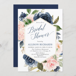 Blush pink and navy blue floral bridal shower invitation