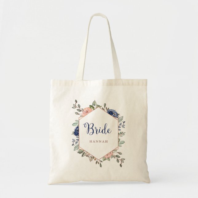 Blush Pink and Navy Blue Floral Geometric | Bride Tote Bag (Front)