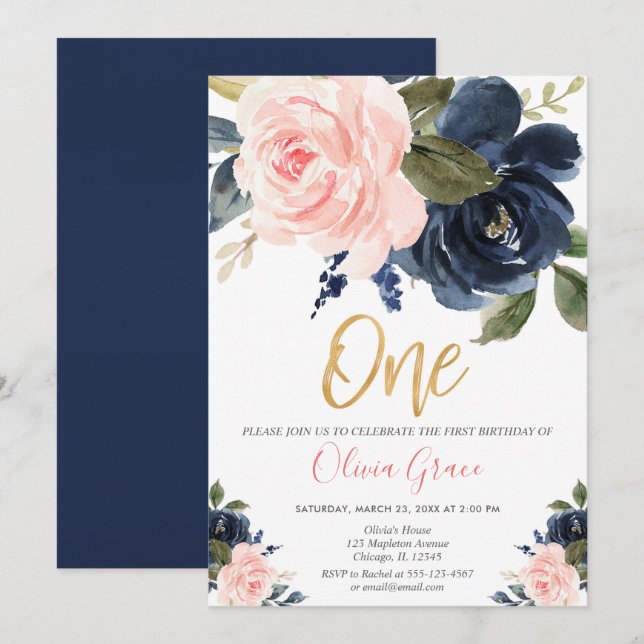 Blush pink and navy blue floral girl 1st birthday invitation (Front/Back)