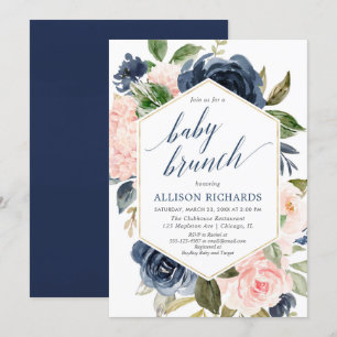 Blush pink and navy blue girl baby brunch shower invitation