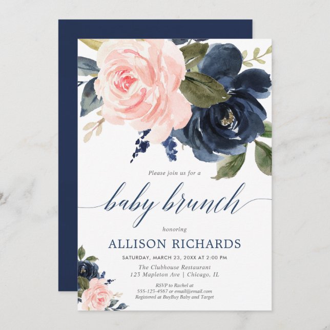 Blush pink and navy blue girl baby brunch shower invitation (Front/Back)