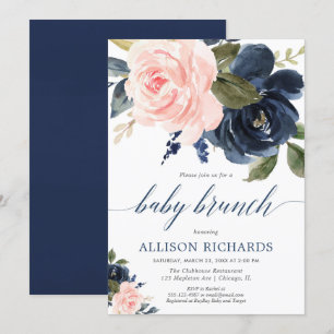 Blush pink and navy blue girl baby brunch shower invitation