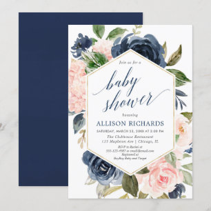 Blush pink and navy blue girl baby shower floral invitation