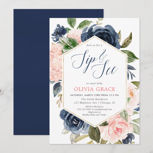 Blush pink and navy blue girl sip and see floral invitation (Front/Back)