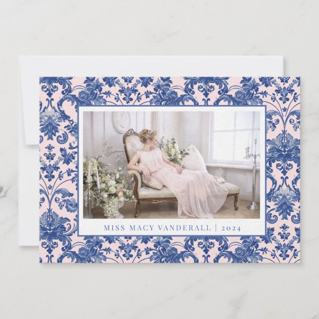 Blush Pink and Navy Blue Grandmillennial Damask  Holiday Card (Front)
