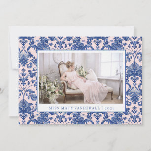 Blush Pink and Navy Blue Grandmillennial Damask  Holiday Card
