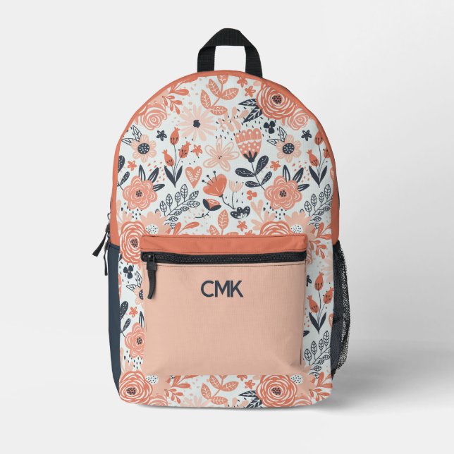 Blush Pink and Navy Blue Modern Floral Monogram Printed Backpack (Front)