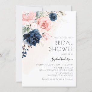 Blush Pink And Navy Blue Rose Boho Bridal Shower Invitation