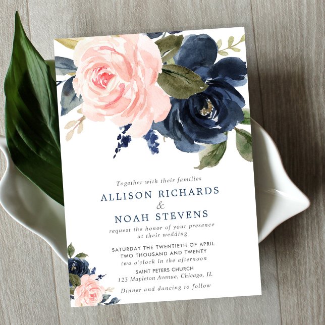 Blush pink and navy blue rose boho wedding invitation (Creator Uploaded)