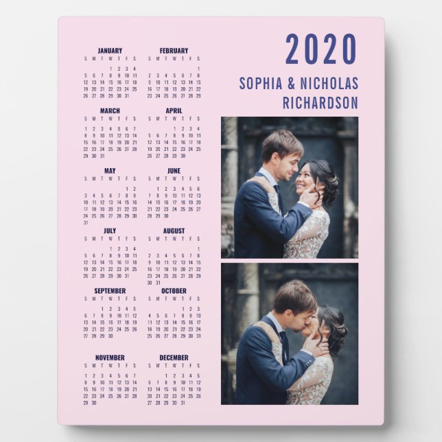 Blush Pink and Navy Blue | Two Photo 2020 Calendar Plaque (Front)