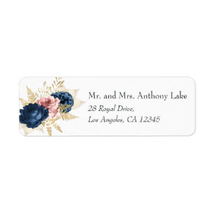 Blush Pink and Navy Blue Vintage Roses Wedding Return Address Label