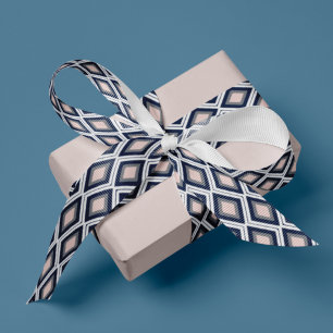 Blush Pink and Navy Diamond Ikat Pattern Grosgrain Ribbon