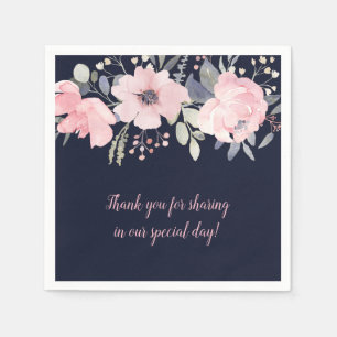 Blush Pink and Navy Floral Square Wedding Napkin