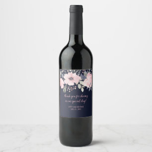 Blush Pink and Navy Floral Square Wedding Wine Label