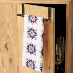 Blush Pink and Navy Geometric Floral Tiles Tea Towel