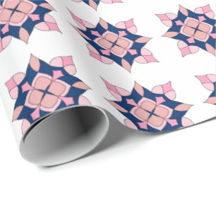 Blush Pink and Navy Geometric Floral Tiles Wrapping Paper