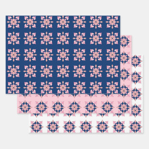 Blush Pink and Navy Geometric Floral Tiles Wrapping Paper Sheet
