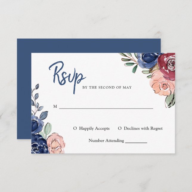 Blush Pink and Navy Watercolor Floral | Wedding Invitation (Front/Back)
