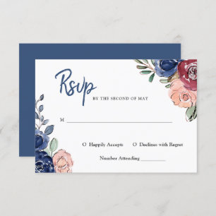 Blush Pink and Navy Watercolor Floral   Wedding Invitation