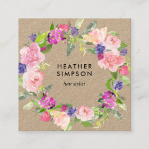 Blush Pink And Purple Flowers Kraft Square Business Card