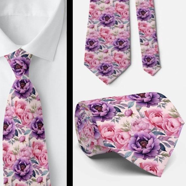 Blush Pink and Purple Violet Flowers Floral Tie (Creator Uploaded)