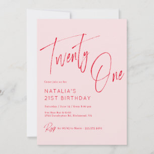Blush Pink and Red Script   Girly 21st Birthday Invitation