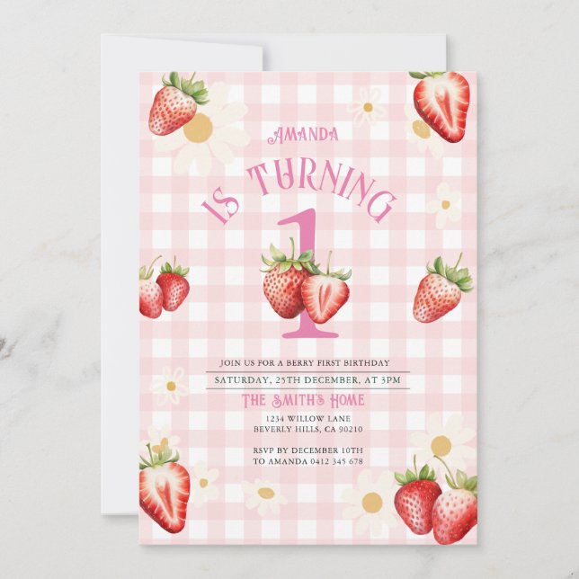 Blush Pink and Red Strawberry Daisy Birthday Invitation (Front)