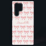 Blush pink and red striped bows coquette samsung galaxy case<br><div class="desc">Cute coquette aesthetic striped bow Samsung phone case. Add your own name or choice of text. Featuring hand illustrated tied bows with rose pink and cream stripes. Set on soft cream background. Matching items available. Original art from artists own illustrations. Please use the message me button below for help with...</div>