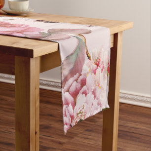 Blush Pink and Red Watercolor Floral Roses Short Table Runner