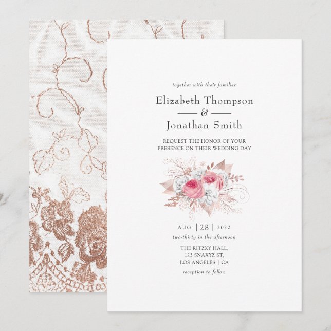Blush Pink and Rose Gold Floral and Lace Wedding Invitation (Front/Back)