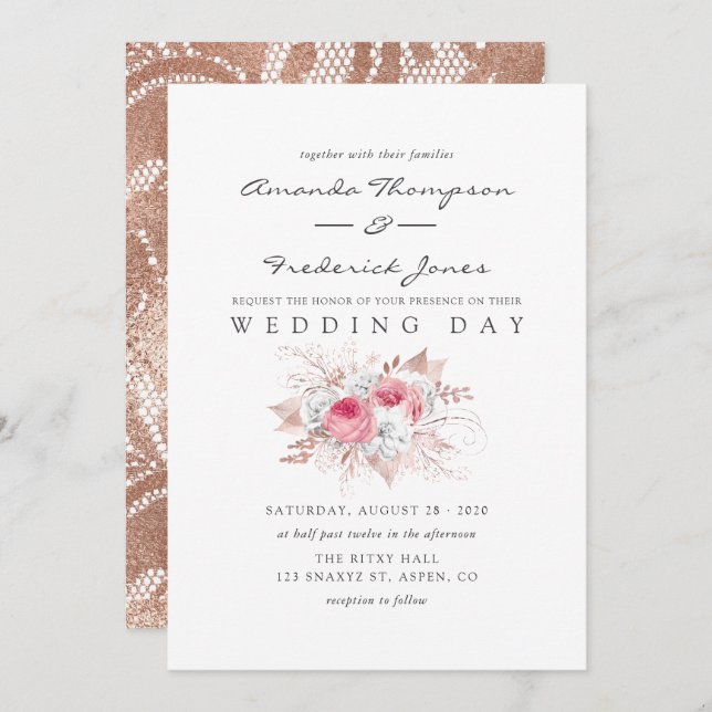 Blush Pink and Rose Gold Floral and Lace Wedding Invitation (Front/Back)