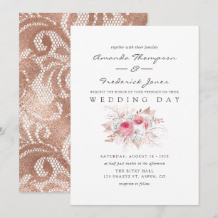 Blush Pink and Rose Gold Floral and Lace Wedding Invitation