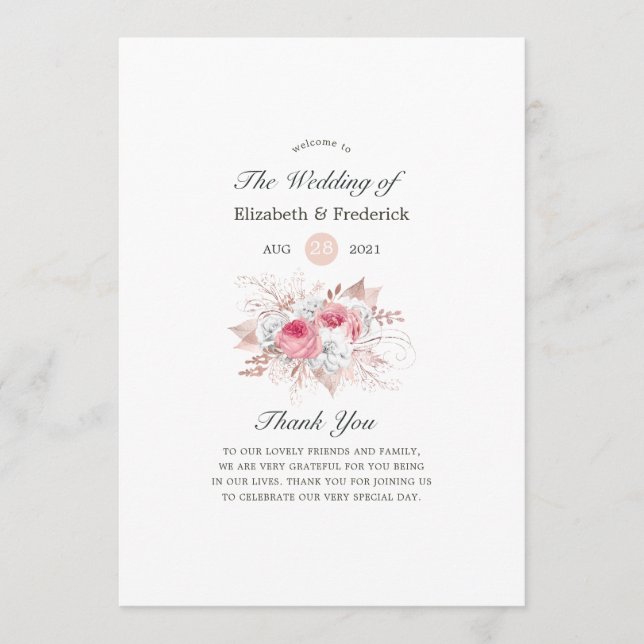 Blush Pink and Rose Gold Floral and Lace Wedding Program (Front)