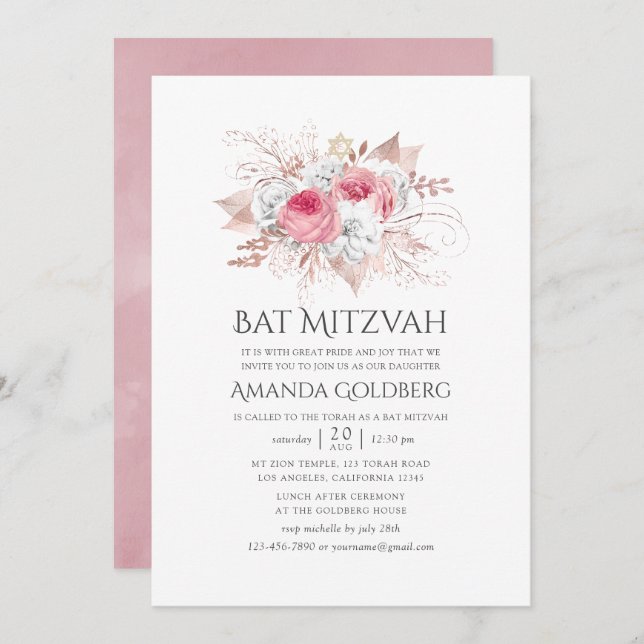 Blush Pink and Rose Gold Floral Bat Mitzvah Invitation (Front/Back)