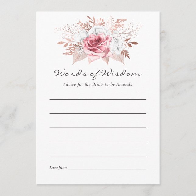 Blush Pink and Rose Gold Floral Bridal Advice Card (Front)