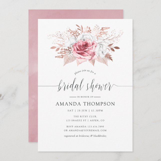 Blush Pink and Rose Gold Floral Bridal Shower Invitation (Front/Back)