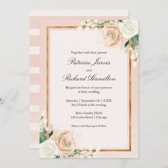 Blush Pink and Rose Gold Floral Elegant Wedding Invitation (Front/Back)