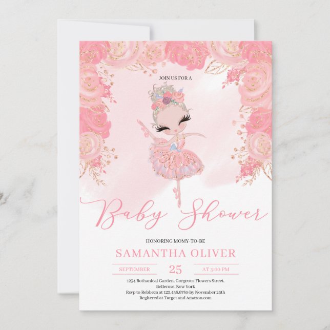 Blush pink and rose gold floral tutu Baby Shower Invitation (Front)
