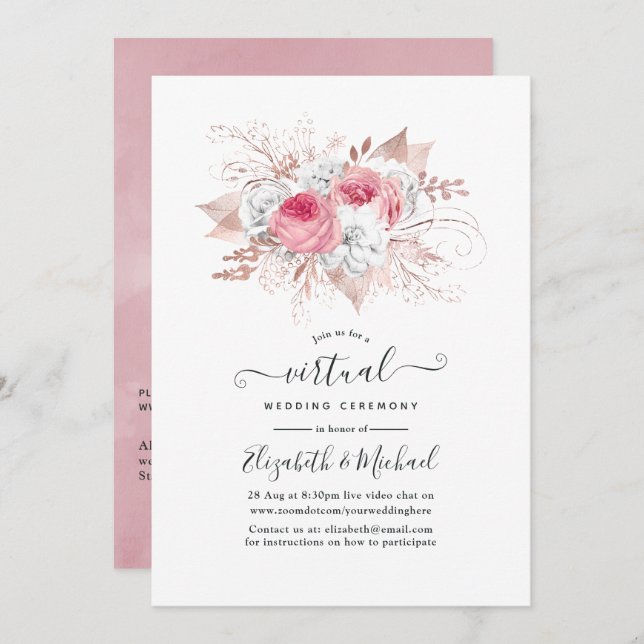 Blush Pink and Rose Gold Floral Virtual Wedding Invitation (Front/Back)