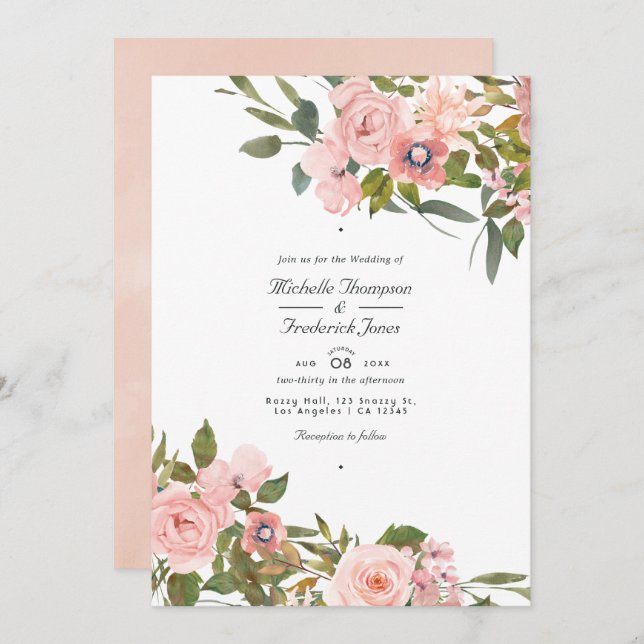Blush Pink and Rose Gold Floral Wedding Invitation (Front/Back)