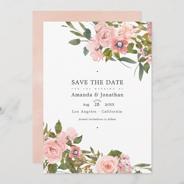Blush Pink and Rose Gold Floral Wedding Photo Save The Date (Front/Back)