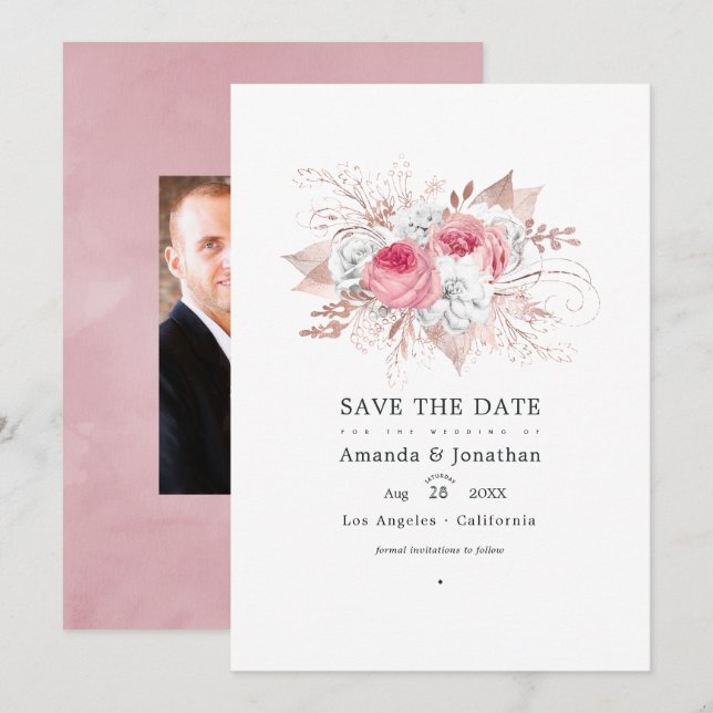 Blush Pink and Rose Gold Floral Wedding Save The Date (Front/Back)