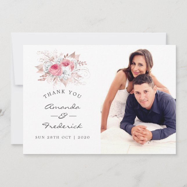 Blush Pink and Rose Gold Floral Wedding Thank You Card (Front)