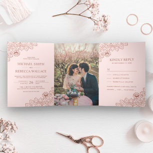 Blush Pink and Rose Gold Lace Wedding Photo Tri-Fold Invitation