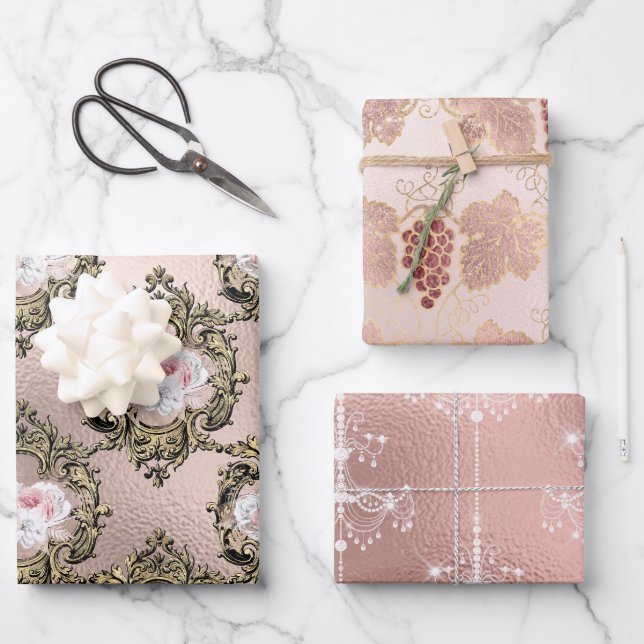 Blush Pink and Rose Gold Paris Vin Rosé Wrapping Paper Sheet (Front)