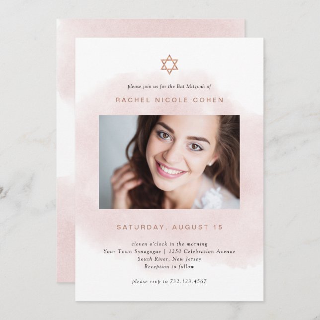 Blush Pink and Rose Gold | Photo Bat Mitzvah Invitation (Front/Back)